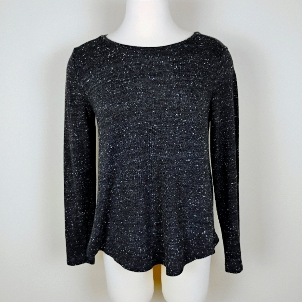 Loft Black & White Flecked Sweater Sz S Mixed Media Chiffon Accent‎ Long Sleeves